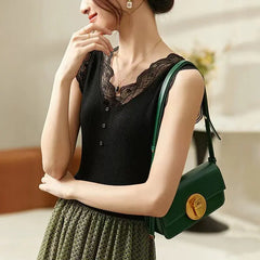 Lace Trim Ice Silk V-Neck Knit Cami Top