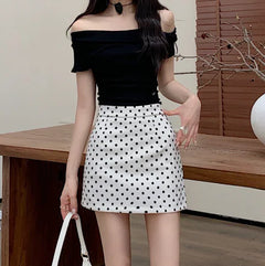 High Waist Denim Polka Dot A-Line Skirt