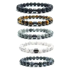 Men's 8mm Natural Stone Beaded Bracelet (Tiger Eye, Lava)