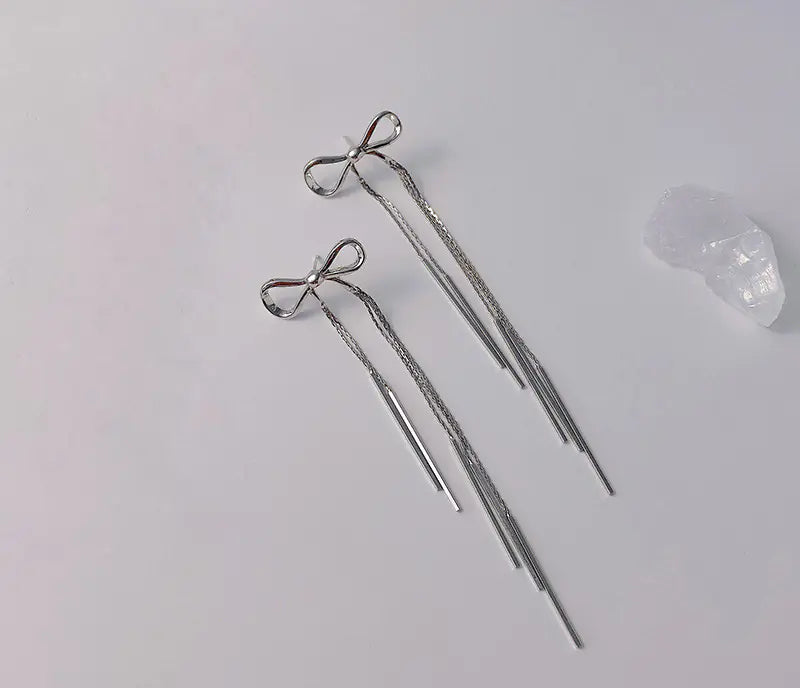 S925 Silver Long Tassel Earrings with Bow Design
