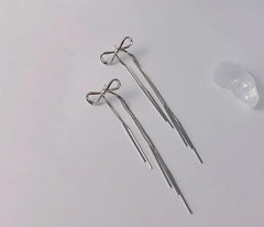 S925 Silver Long Tassel Earrings with Bow Design