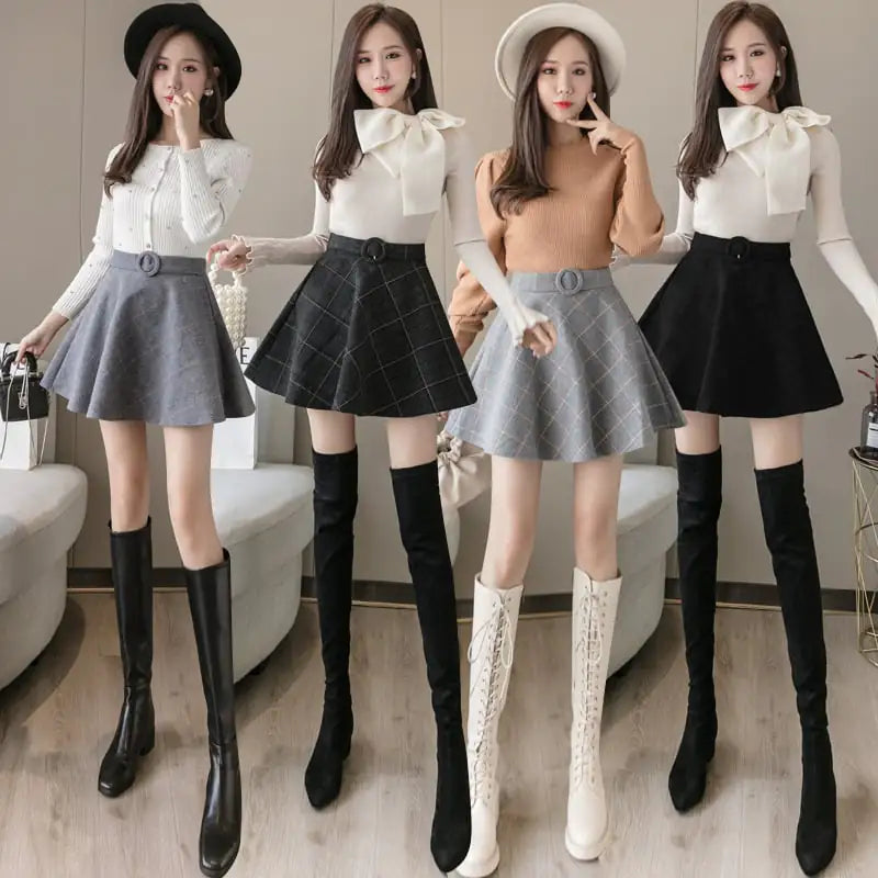 A-line High-Waist Woolen Plaid Skirt for Women