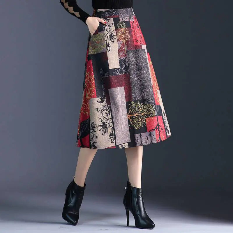 Woolen Plaid Mid-Length High Waist Skirt