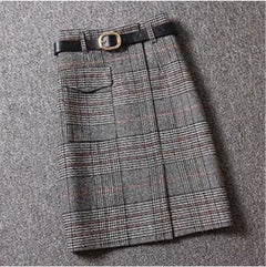 Woolen Plaid High Waist Mid-Length Slit Skirt for Women