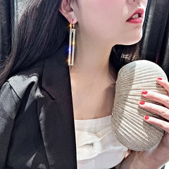 S925 Silver Korean Style Long Square Earrings with Diamonds