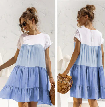 Contrast Color Long-Sleeved Round Neck Dress