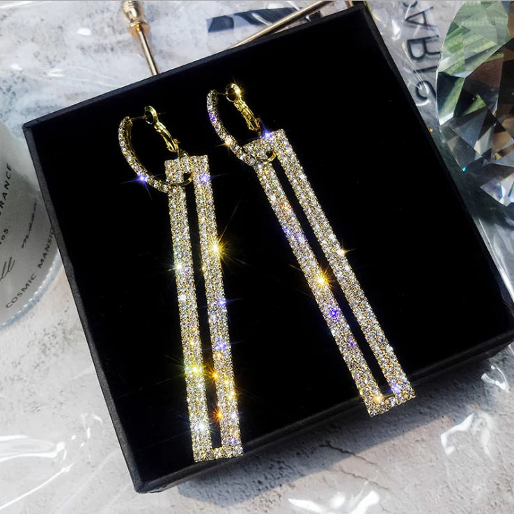 S925 Silver Korean Style Long Square Earrings with Diamonds