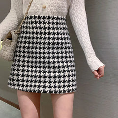 Woolen Plaid High Waist Mini Skirt for Women