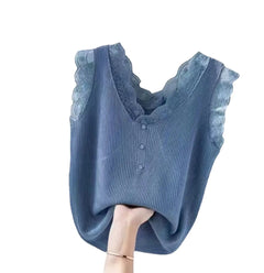 Lace Trim Ice Silk V-Neck Knit Cami Top