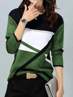 Round Neck Long-sleeved T-shirt with Color Contrast Print