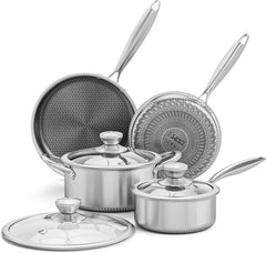 AuFranc® Hybrid Nonstick Stainless Steel Pots and Pans Set Induction Cookware Set with Tempered Glass Lids Non-stick Pot and Pan Set Suitable for All Cooktops Non-Toxic Dishwasher & Oven Safe