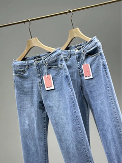 High Rise Straight Leg Jeans with Side Slit for Women
