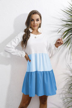 Contrast Color Long-sleeved Round Neck Dress