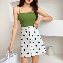 High Waist Denim Polka Dot A-Line Skirt