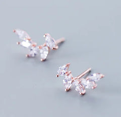 S925 Silver Stud Earrings with Leaf Design and Diamonds