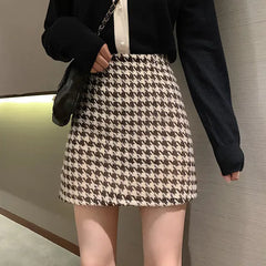 Woolen Plaid High Waist Mini Skirt for Women