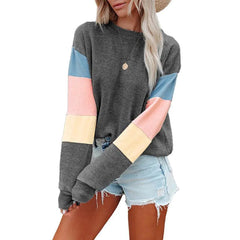 Color Contrast Long Sleeve Round Neck Women's T-shirt