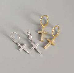 S925 Silver Cross Stud Earrings with Diamonds