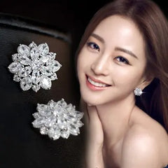 S925 Silver Flower Stud Earrings with Diamonds