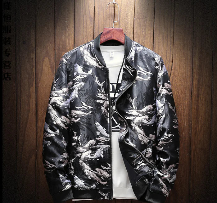 Men's Jacket with Koi Fish Pattern and Stand Collar
