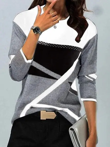 Round Neck Long-sleeved T-shirt with Color Contrast Print