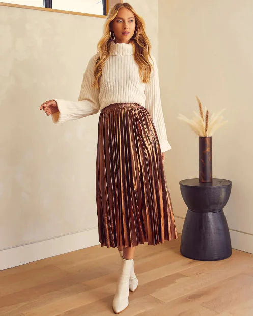 Shiny Pleated High-Waisted A-Line Mid-Length Skirt