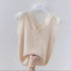 Lace Trim Ice Silk V-Neck Knit Cami Top