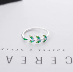 S925 Silver Green Leaf Adjustable Ring for Women