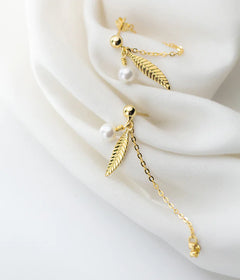 S925 Silver Leaf Earrings with Synthetic Pearls (G2434)