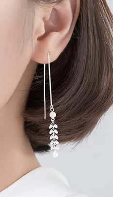 S925 Silver Tassel Earrings with Pearl Leaf Design